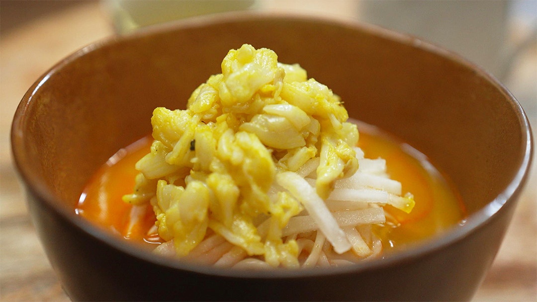 Chickpea and Miso Crab Noodle Soup With Turmeric Oil and Pickled Kohlrabi