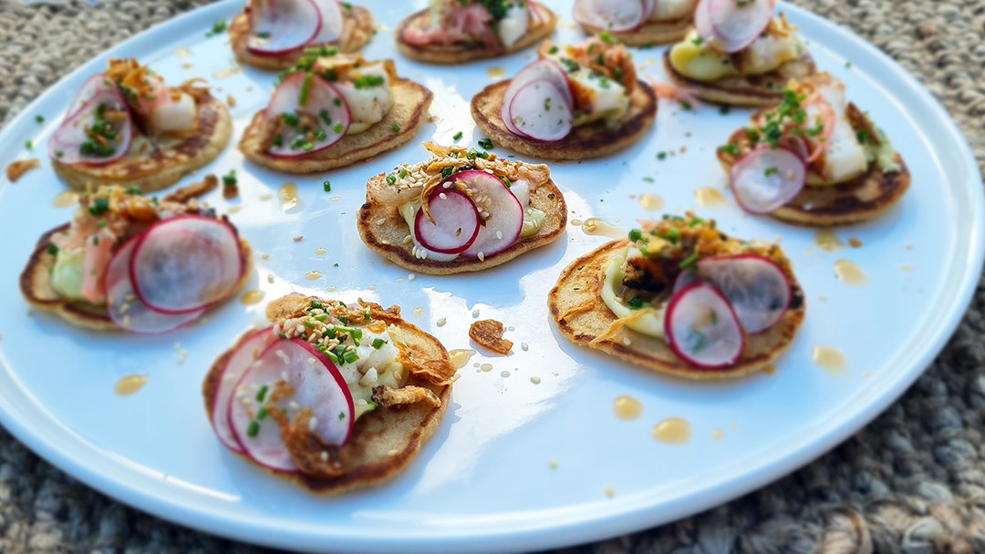 Murray Cod Sesame Seed Blinis with Wasabi Cream and Quick Pickle