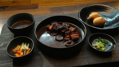 Fermented Tofu and Soy Braised Pork with Marbled Tea Soaked Eggs