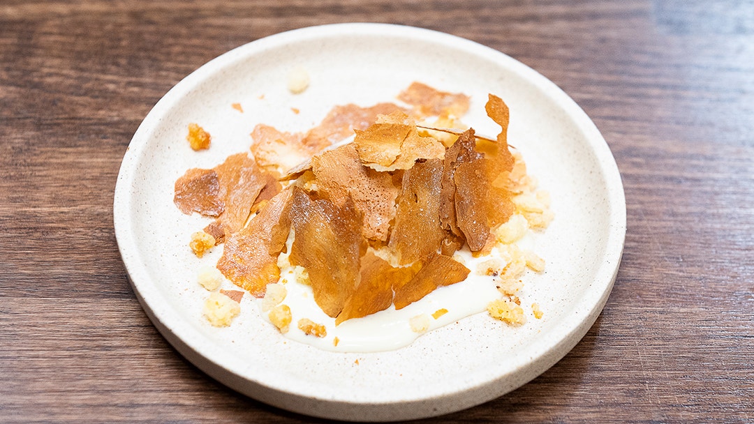 Milky Ice Cream with Rice Bubble Milk Crumble and Milk Skin Shards