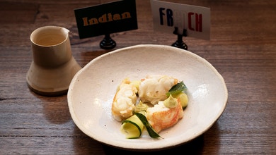 Butter Poached Lobster with Spiced Bouillabaisse, Curry Leaf Aioli and Pickled Cucumber