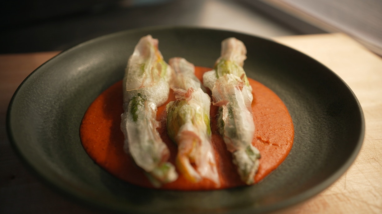 Tempura Zucchini Flower Stuffed with Prawn Mousse, Romesco Sauce