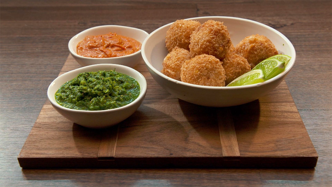 Bacon and Corn Croquettes with Salsa Brava and Mojo Verde