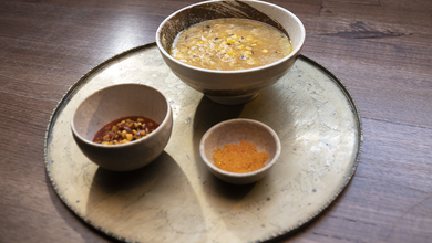 Creamed Corn Soup with Corn Sambal