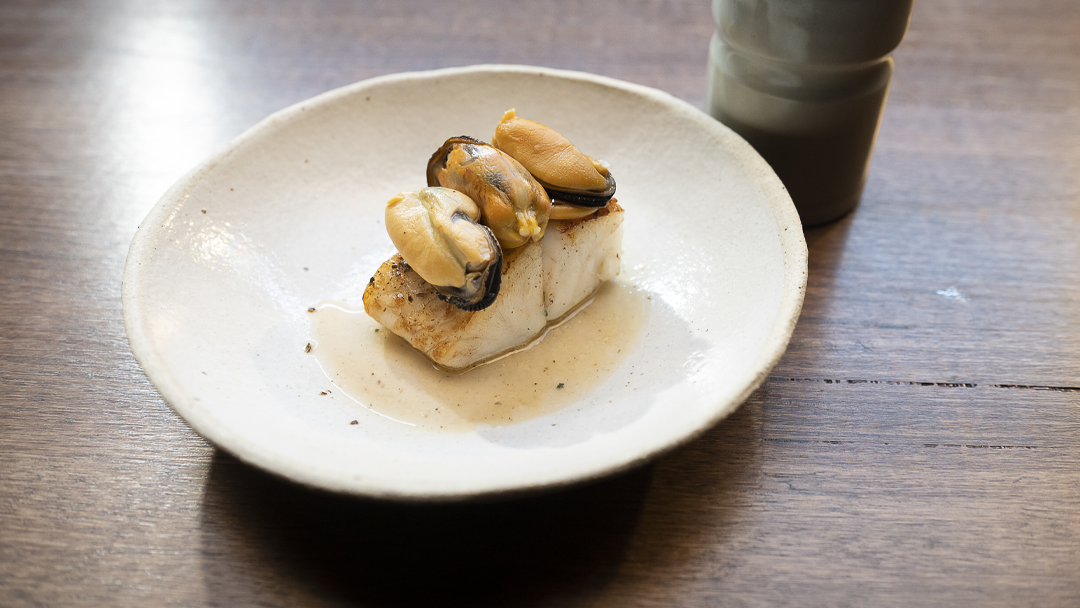 Lemon Myrtle Cured Murray Cod, Mussels Mariniere and Lemon Myrtle Butter