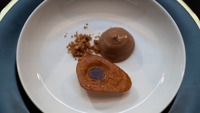 Masala Chai Pears with Chocolate Mousse, Ginger Crumb