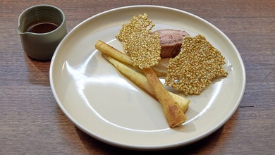 Pork Fillet with Parsnip and Vanilla Puree and Vegemite Sauce