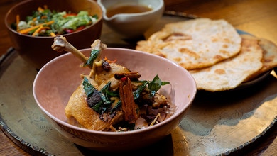 Orange Duck with Nam Jim Salad and Crispy Pancakes