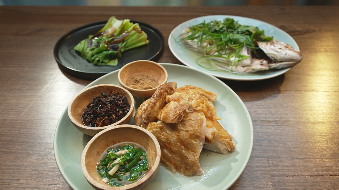 Crispy Skin Chicken, Steamed Fish and Asian Greens
