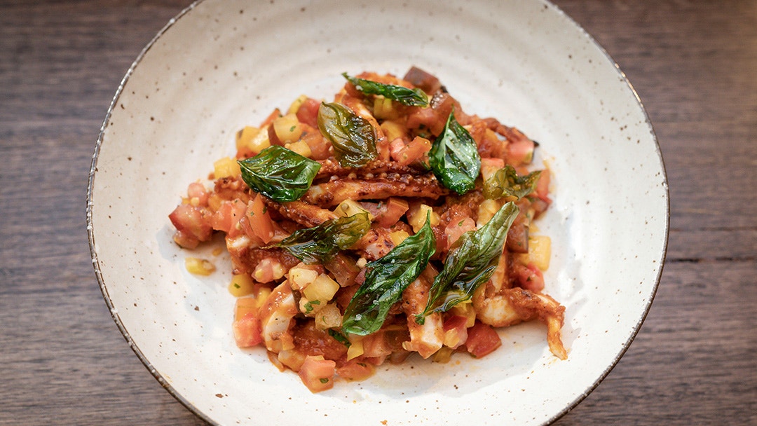 Squid Ink Pasta with Shrimp, Nduja, and Tomato Recipe