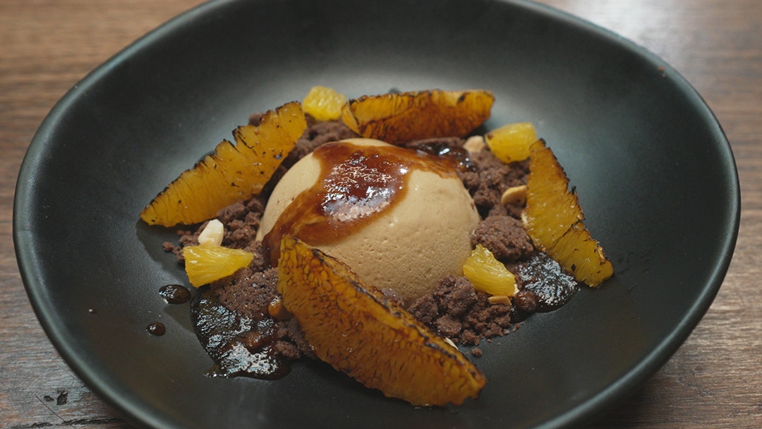 Coffee Parfait with Biscuit Crumb, Burnt Orange and Coffee Syrup
