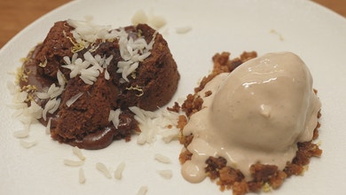 Chocolate Fondant with Hazelnut Ice Cream and Lemon Crumb