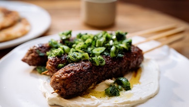 Lamb Koftas with Labneh, Sherry Glaze and Garlic Pancakes