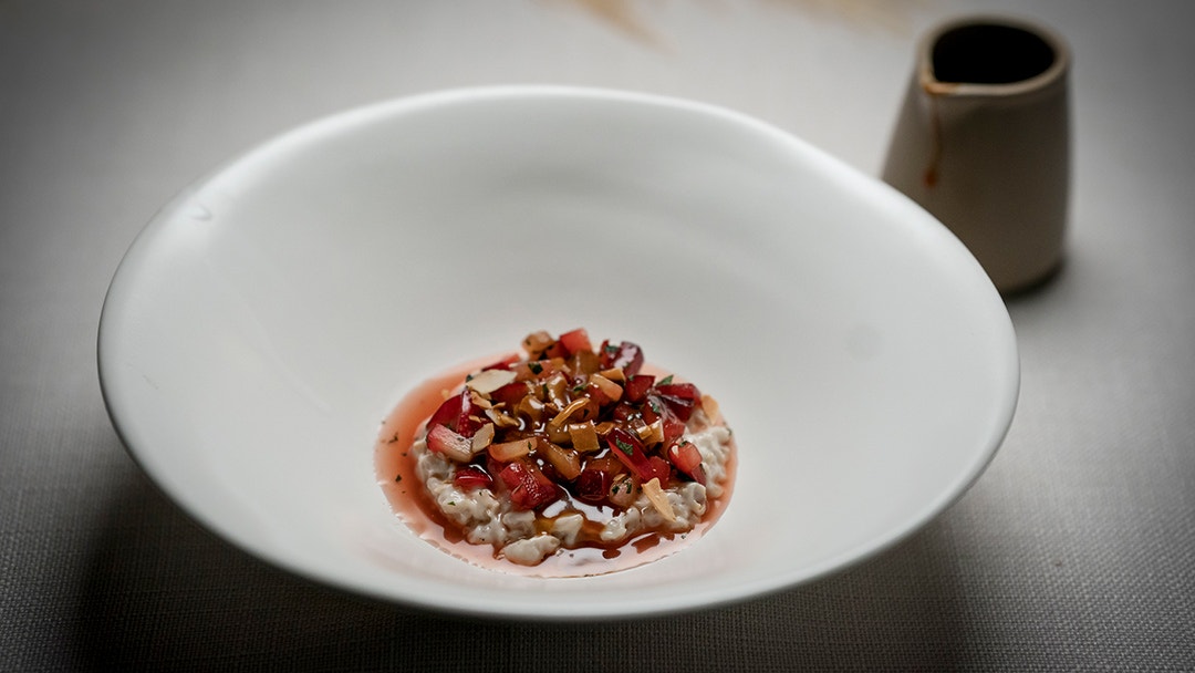 Pearl Barley Coconut Pudding with Peach and Plum Salsa and Pearl Barley Caramel