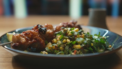 Chicken Adobo Skewer with Charred Corn and Cucumber Salad