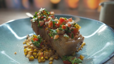 Pork Belly Skewer, Tomato and Betel Leaf Salsa and Adobo Sauce