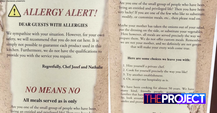 Restaurant Posts Note Warning Customers They Don't Cater For Allergies