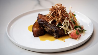 Crispy Pork Belly with Citrus Caramel and Asian Salad 