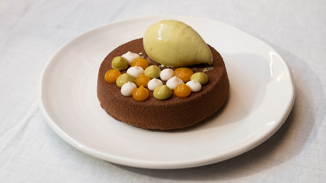 Chocolate and Wattle Seed Mousse with Apricot and Pistachio