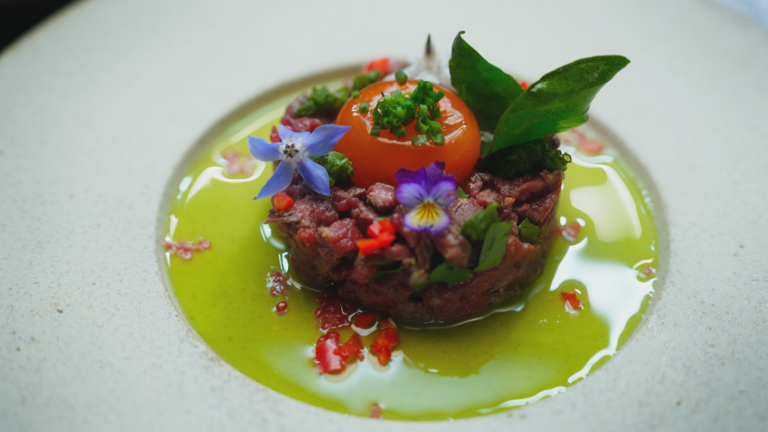 Kangaroo Larb with Soy Cured Egg Yolk & Toasted Rice Wafer