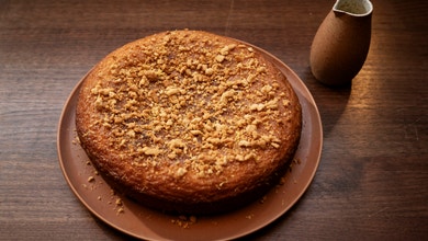 Sultana Cake with Golden Syrup Crumble and Custard