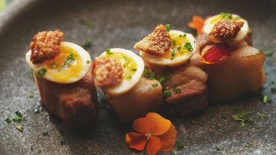 Moo Palo, Thai Five Spiced Braised Pork Belly, Quail Eggs and Pickles