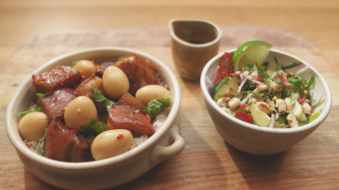 Thit Kho, Caramelised Braised Pork Belly and Quail Eggs with Cucumber Salad