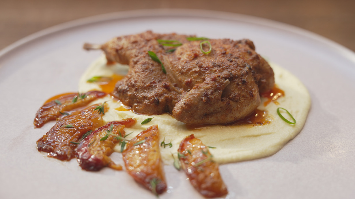 Spicy Bird with Parsnip & Spring Onion Puree, Vino Cotto Thyme Nectarines and Spring Onion Oil
