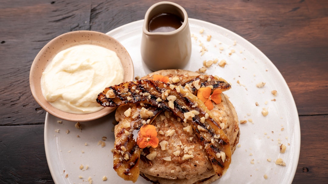Barbecue Buttermilk Pancakes with Miso Caramelised Bananas, Salted Miso Butterscotch Sauce, Walnuts and Chantilly Cream
