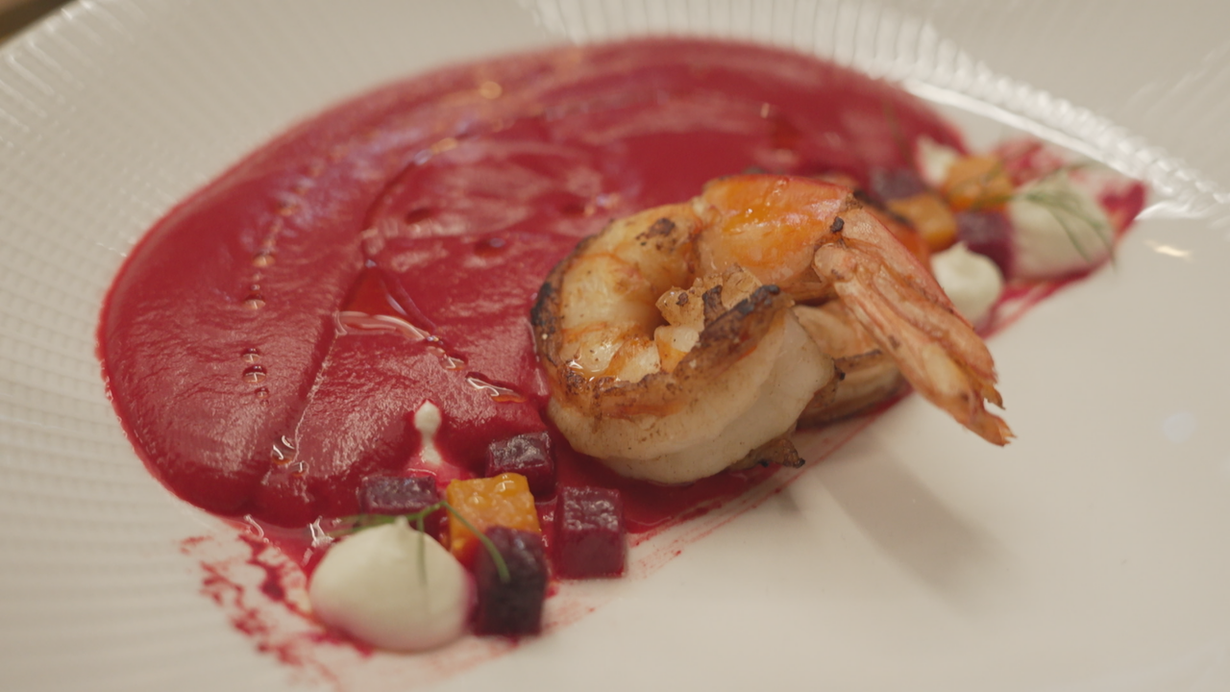 Pumpkin Beetroot Soup with Butter Prawns