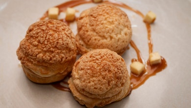 Choux au Craquelin with Thyme Crème Patisserie and Apple in Salted Caramel Sauce