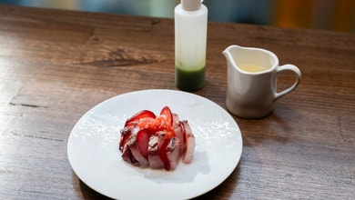 Kingfish and Plum Crudo with Lemon Seawater and Parsley Oil