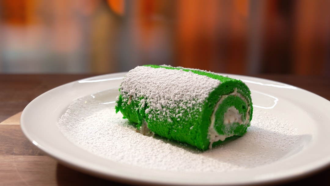 Pandan and Toasted Coconut Cream Swiss Roll