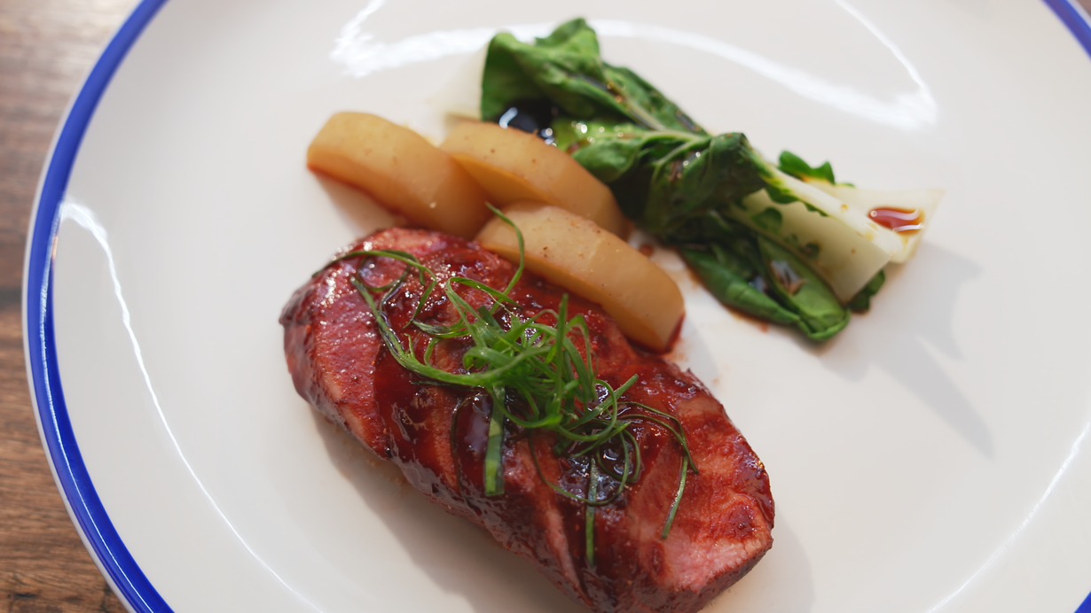 Char Siu Pork, Braised Daikon In Vinegar, Chinese Vegetables With 