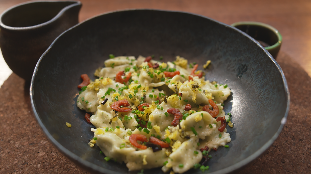 Fish Agnolotti with Sour Fish Broth and Chilli Oil