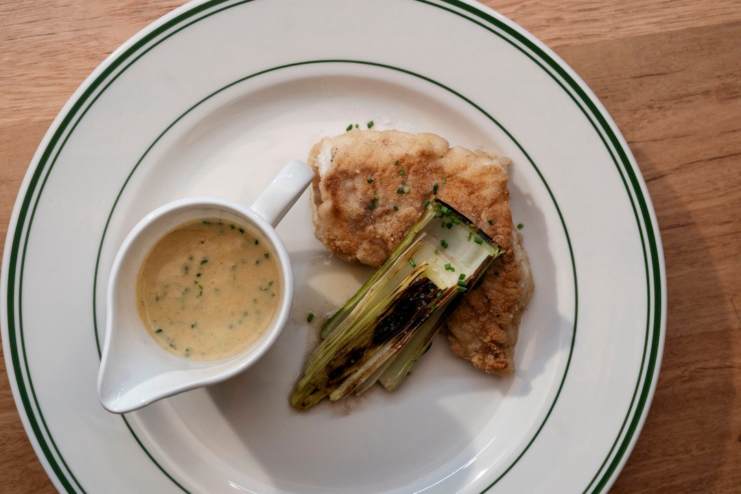 Red Snapper with Semolina Crumb, Shallots, Garlic, Leeks Grilled on Hibachi