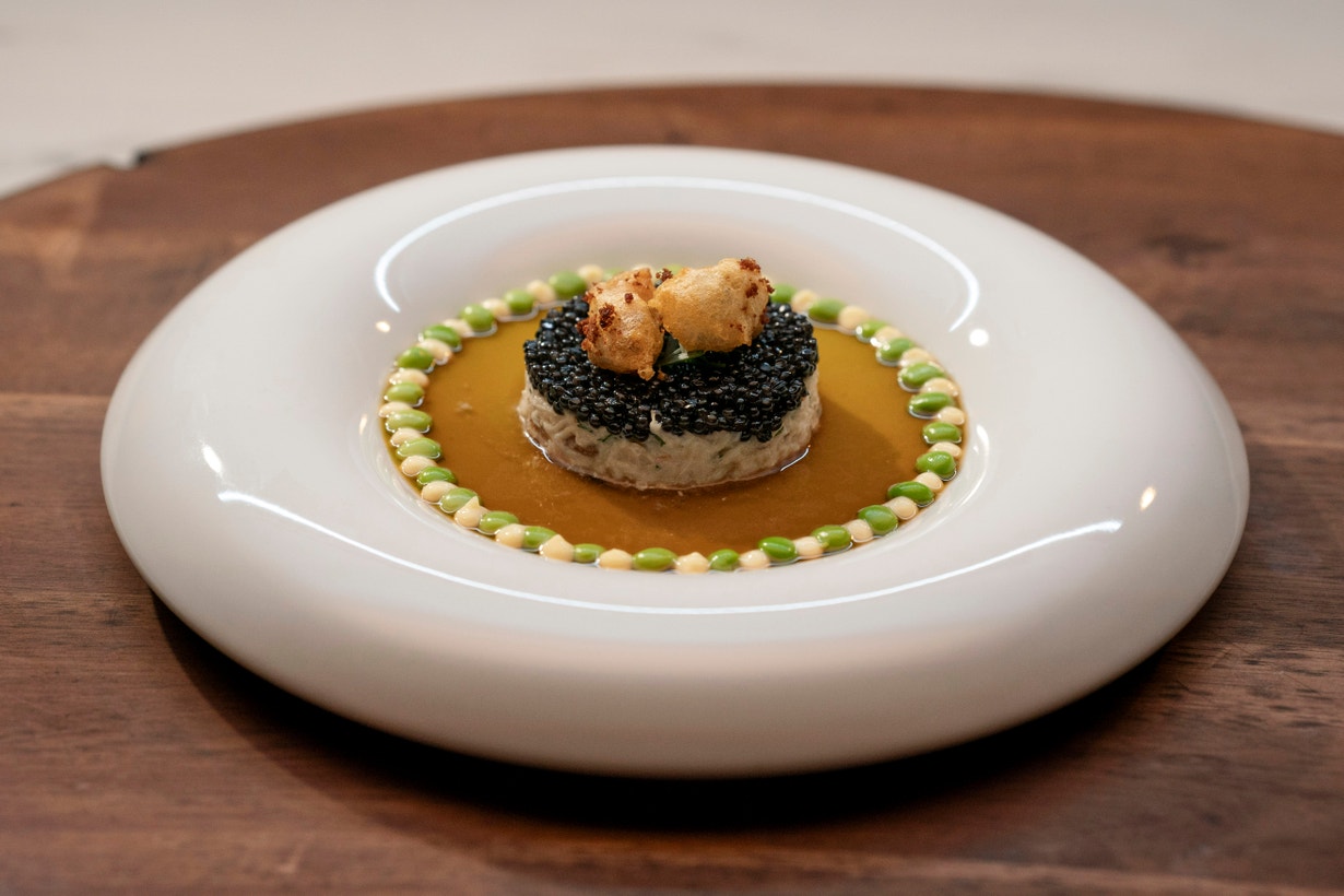 Royale of Peas with Duo of Crab, Tarragon Mayonnaise, Caviar and Fried Mussel