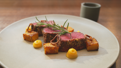 Parmesan Crusted Venison Backstrap with Butternut Pumpkin and Blackberry Jus