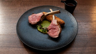 Lamb Cutlets, Cauliflower and Cheese Croquettes, Peas Two Ways with Jus