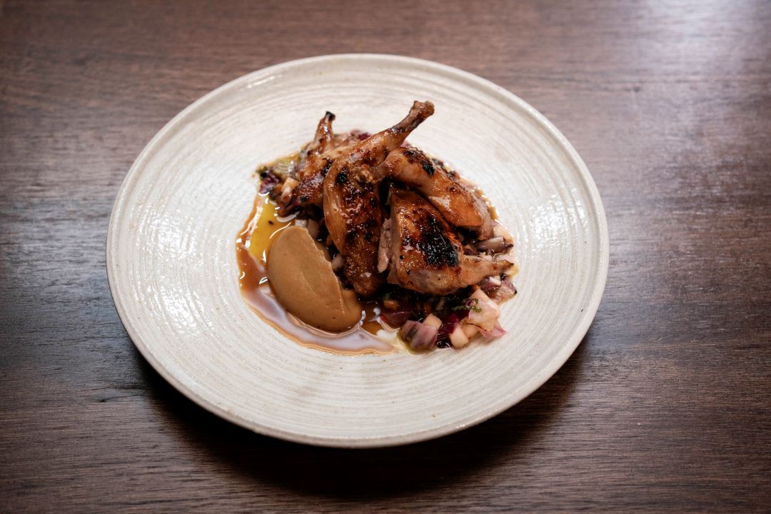 Apple Caramel Glazed BBQ Quail With Apple Mustard, Charred Radicchio and Pickled Apple Salsa