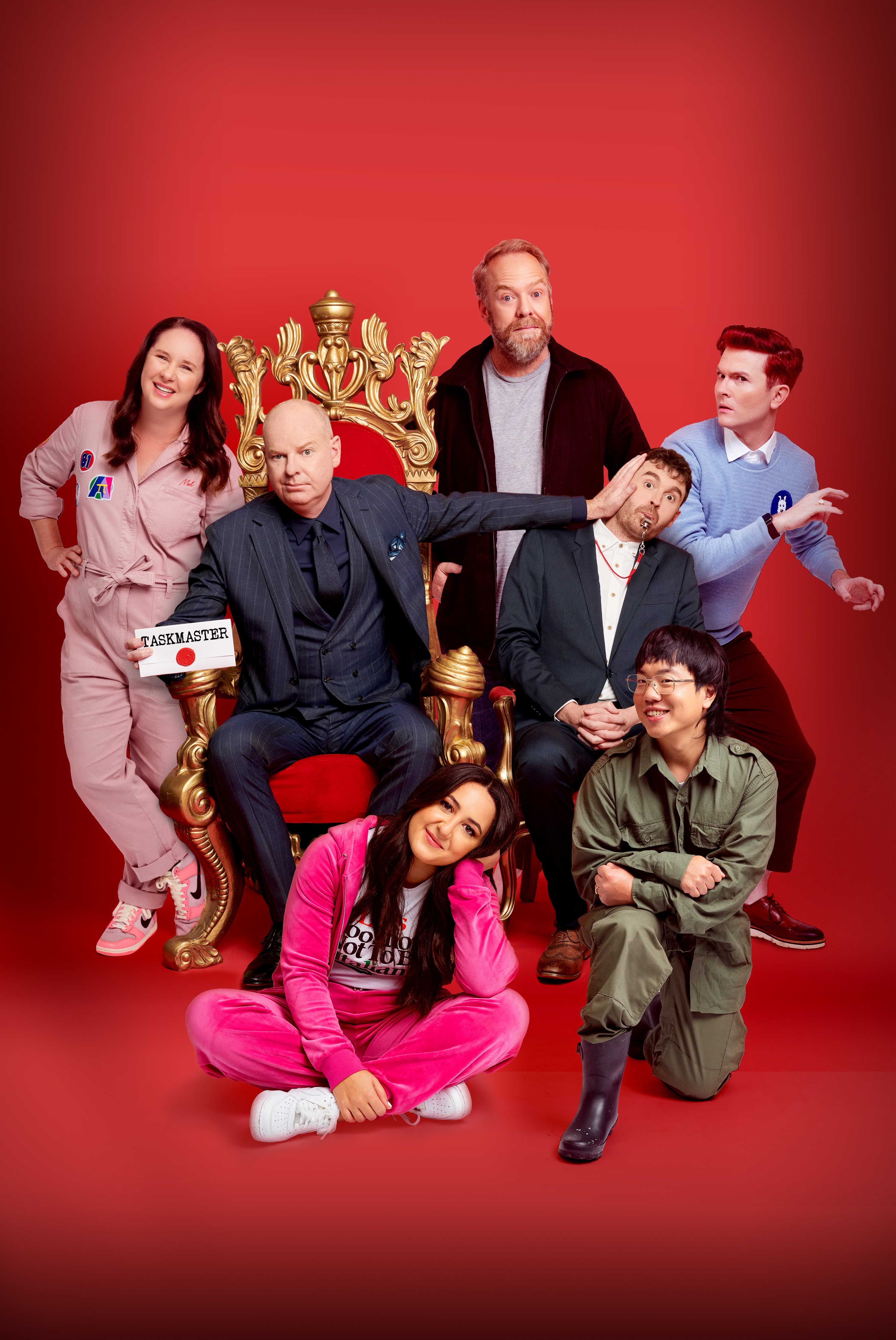 Taskmaster Australia S3 (L- R, Mel Buttle, Tom Gleeson, Pete Helliar, Tom Cashman, Rhys Nicholson, Concetta Caristo, Aaron Chen) (1)