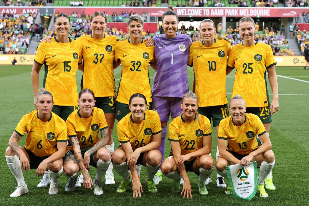 MELBOURNE, AUSTRALIA - DECEMBER 04: The Matildas pose for a team photo during the International Friendly match between Australia Matildas and Chinese Taipei at AAMI Park on December 04, 2024 in Melbourne, Australia. (Photo by Robert Cianflone/Getty Images)