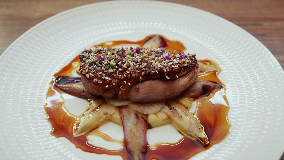 Buckwheat and Honey Glazed Duck Breast with Parsnip Purée and Sweet & Sour Endives