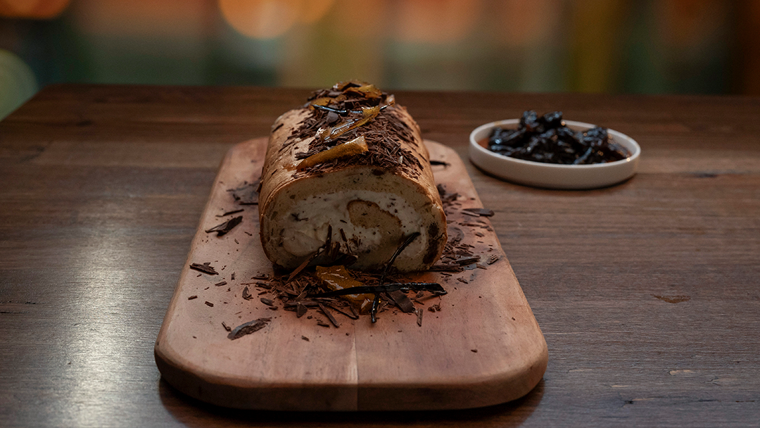 Marbled Chiffon Swissroll with Olorosso and Vanilla Stewed Prunes