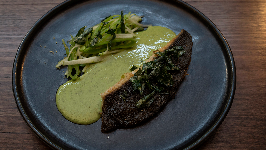 Pan Seared Flounder, Zhoug Sauce, Apple Slaw and Crispy Salt Bush