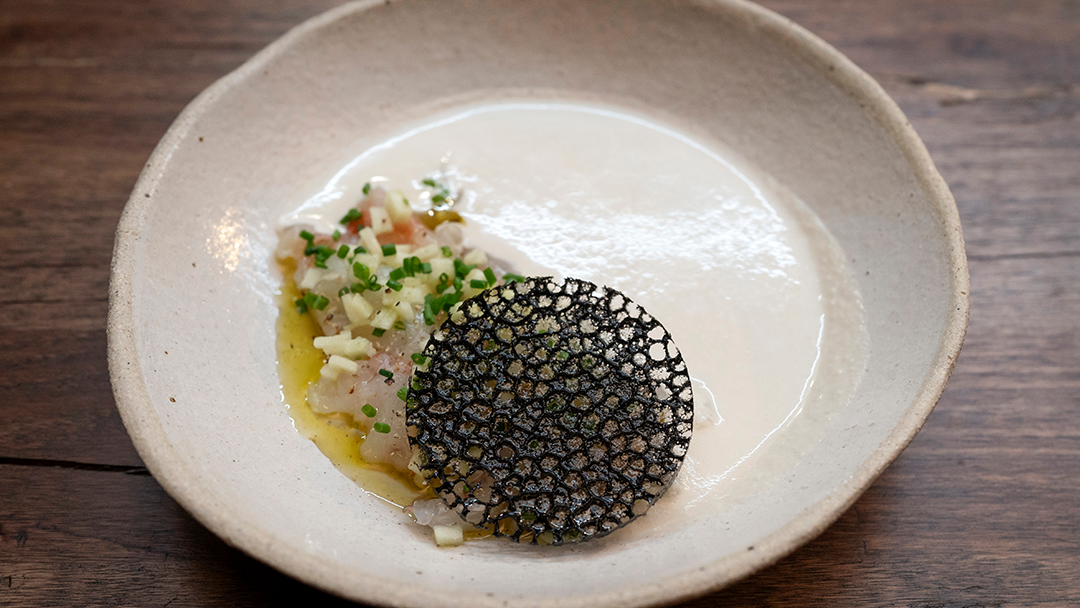 Ajo Blanco, Prawn Crudo, Squid Ink Crisp