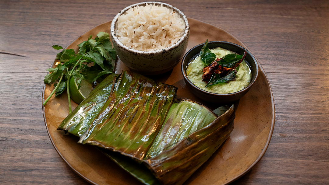 Banana Leaf Fish Fry with Coconut and Rice