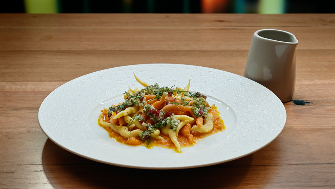 ‘Twisties’ - Trofie Pasta with Corn, Carrot, Peanut Verde and Lime Beurre Noisette