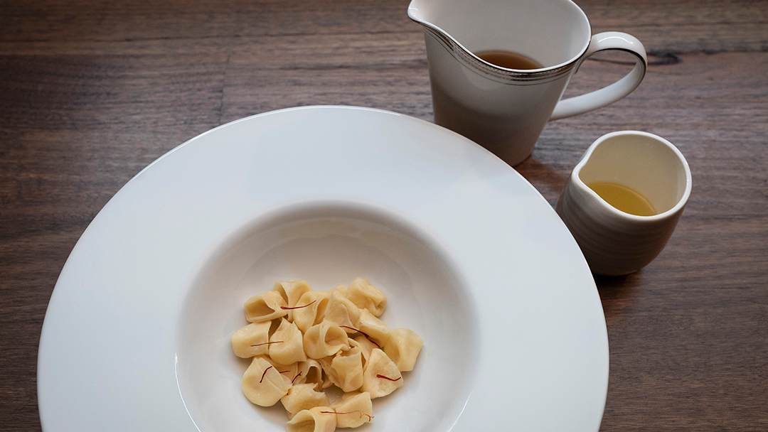Parmigiano Tortellini, Quail and Chicken Consommé with Saffron