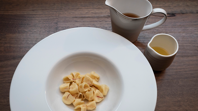 Parmigiano Tortellini, Quail and Chicken Consommé with Saffron